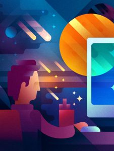 A violet haired guy working on a computer in a dark room with space background, illustration by Francesco Faggiano illustrator