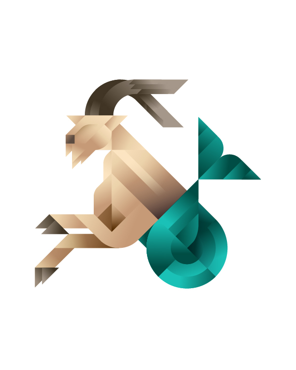 A capricorn animal with beige fur and green fish tail, illustration by Francesco Faggiano illustrator