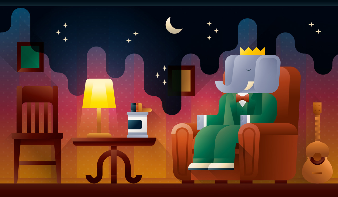 Babar in a green suit sitting on his sofa while the room is turning to night landscape, art print illustration by Francesco Faggiano illustrator
