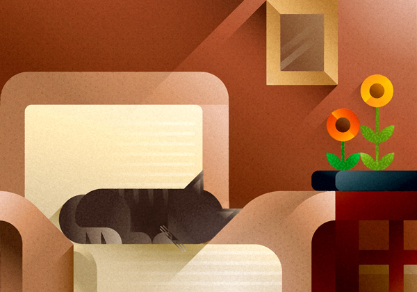 Tabby cat sleeping on a beige sofa, art print illustration by Francesco Faggiano illustrator