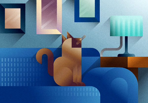 Siamese thai cat standing on a blue sofa, art print illustration by Francesco Faggiano illustrator