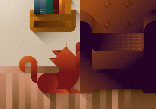 Red cat scratching on a leather brown sofa, art print illustration by Francesco Faggiano illustrator