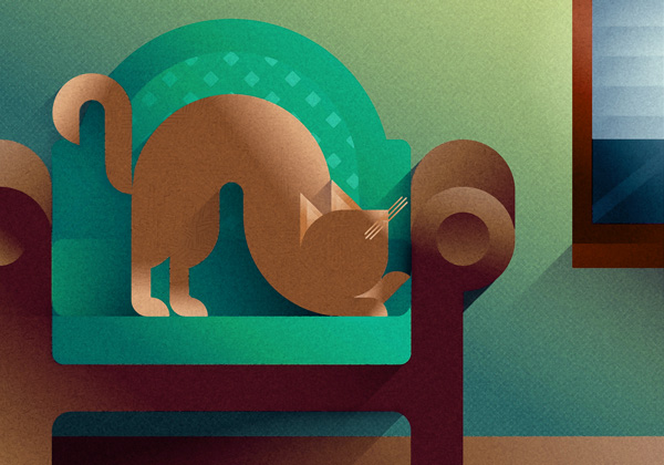 Brown cat stretching on a green sofa, art print illustration by Francesco Faggiano illustrator