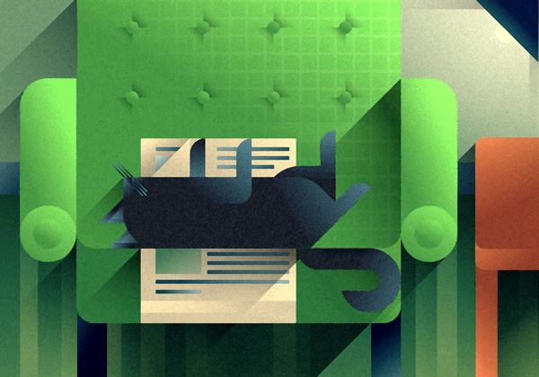 Black cat sleeping belly up on a lime sofa over a newspaper, art print illustration by Francesco Faggiano illustrator