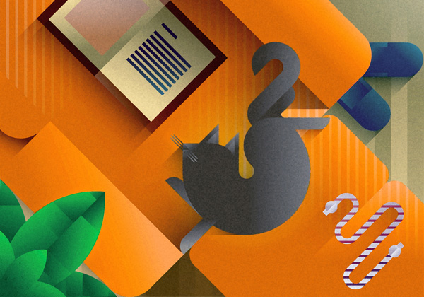 Brown cat stretching on an orange sofa seen from the top, art print illustration by Francesco Faggiano illustrator