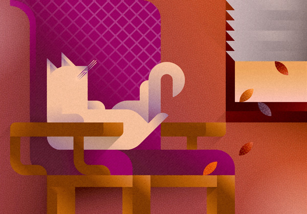 White Persian cat sitting on a purple sofa while some leaves come in from the window, art print illustration by Francesco Faggiano illustrator