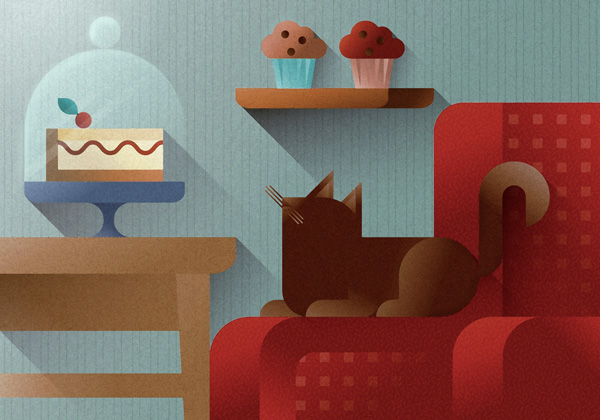 Brown cat watching a sweet cake slice from a red sofa armrest , art print illustration by Francesco Faggiano illustrator