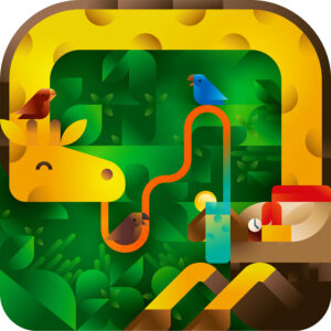 A funny scout giraffe drinking its lemonade in the jungle with some tiny parrots, illustration by francesco faggiano illustrator