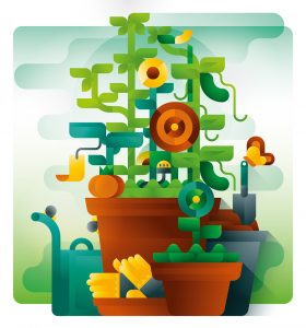 Some pots full of green plants with butterflies, snails and garden tools, art print illustration by Francesco Faggiano illustrator