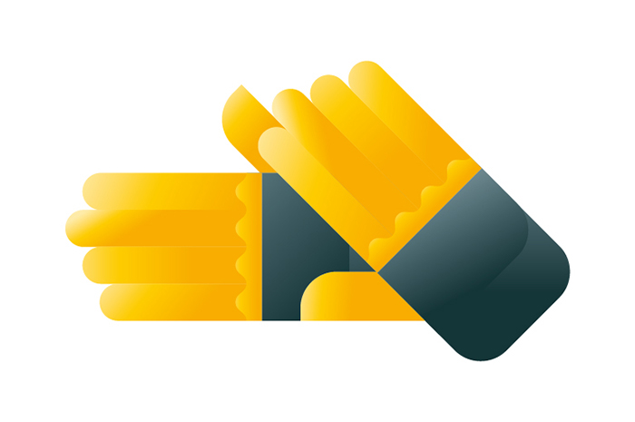 A pair of yellow and grey garden gloves, illustration by Francesco Faggiano illustrator