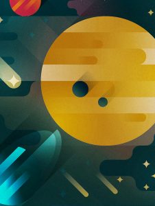 A space scenario with planets, nebulas and comets and satellites, illustration by Francesco Faggiano illustrator