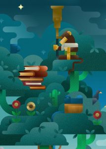 A monkey watching at the stars with his telescope and a cup of tea on top of a giant cactus tree, illustration by Francesco Faggiano illustrator