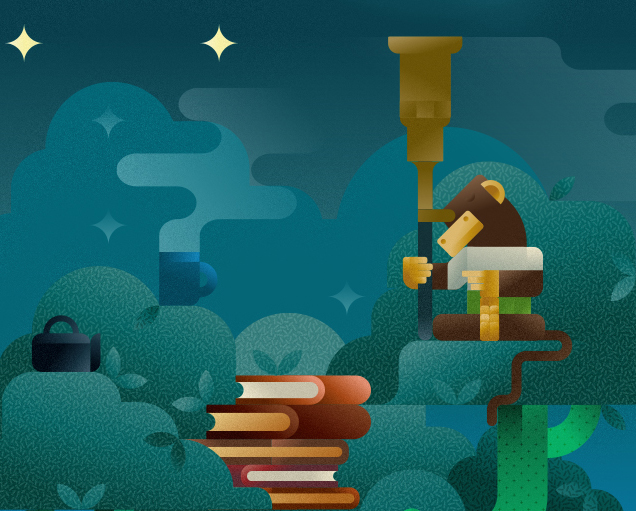 A monkey watching at the stars with his telescope and a cup of tea on top of a giant cactus tree, illustration by Francesco Faggiano illustrator