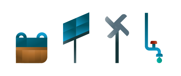 Steel pot, solar panel, wind turbine and tap icons, illustration by Francesco Faggiano illustrator