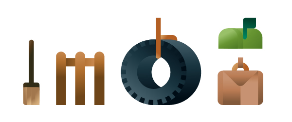 Broom, fence, tire, mail inbox and bag icons, illustration by Francesco Faggiano illustrator