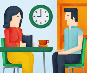 A woman operator interviewing a student guy, illustration by Francesco Faggiano illustrator