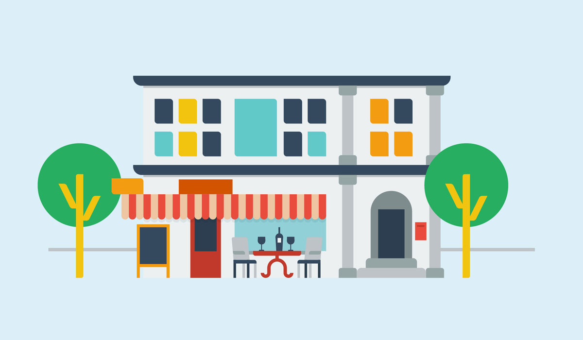 Front of a cafe bar building with two trees, illustration by Francesco Faggiano illustrator