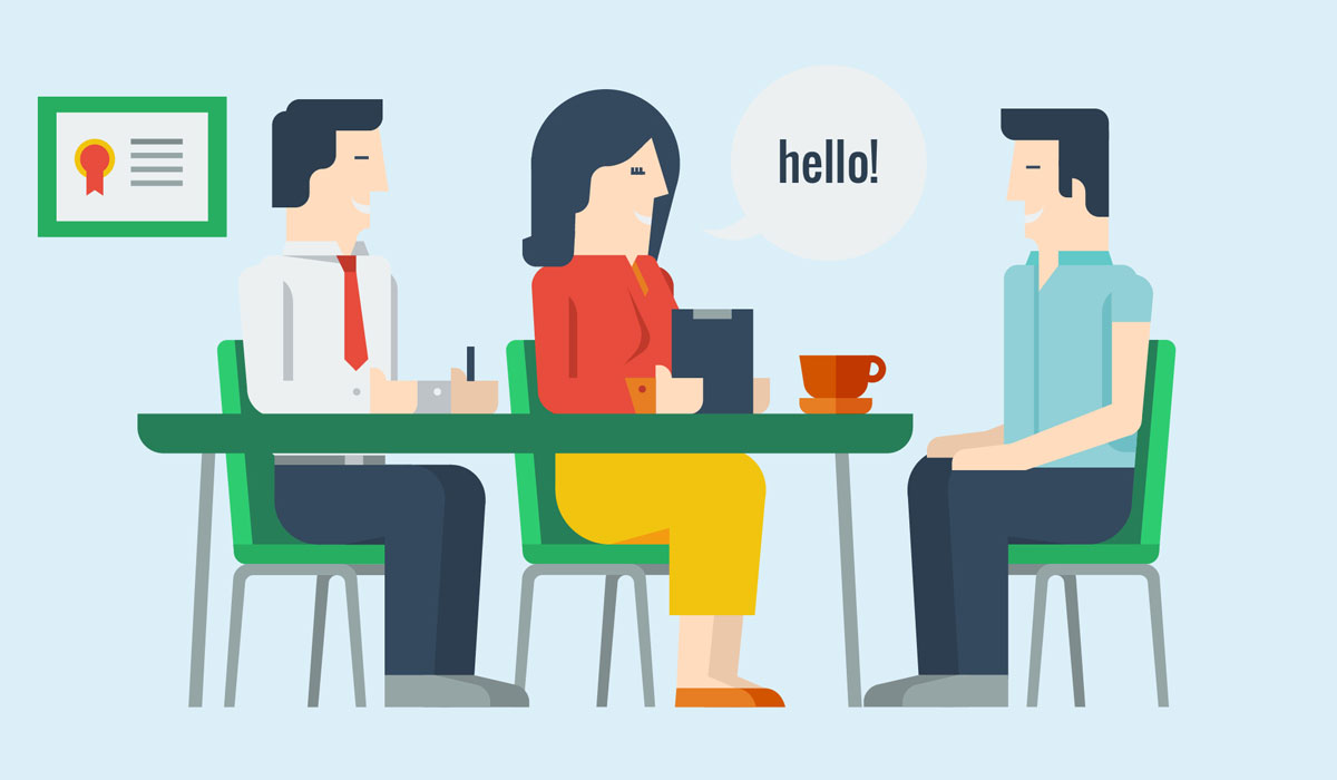 Two operators and a student guy talking about visa application, illustration by Francesco Faggiano illustrator