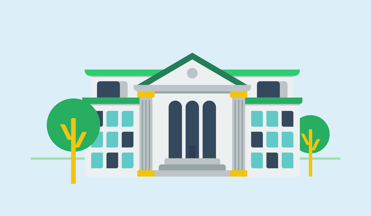 Front of a University building with two trees, illustration by Francesco Faggiano illustrator