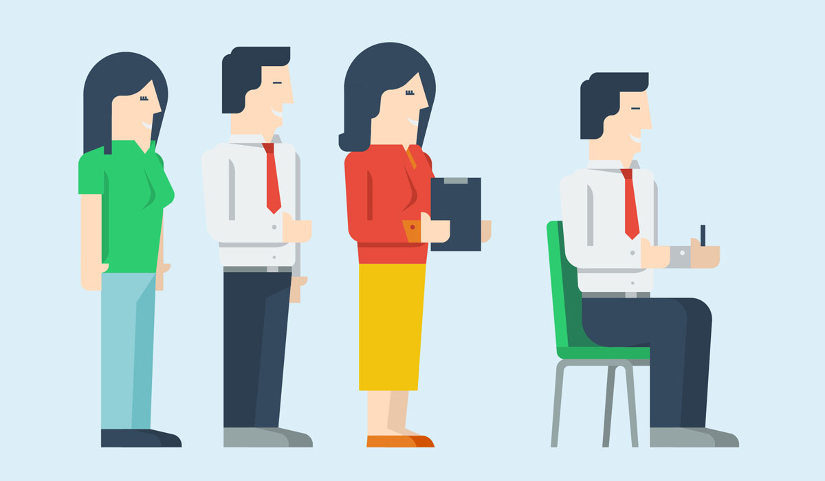 Woman and man characters standing in line, the last sitting on a green chair, illustration by Francesco Faggiano illustrator