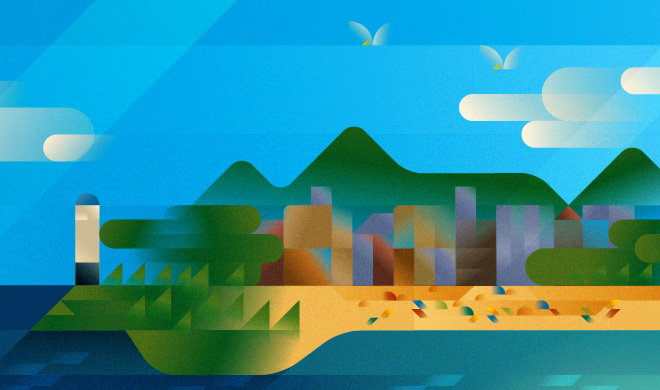 Lighthouse, town and beach landscape, illustration by Francesco Faggiano illustrator