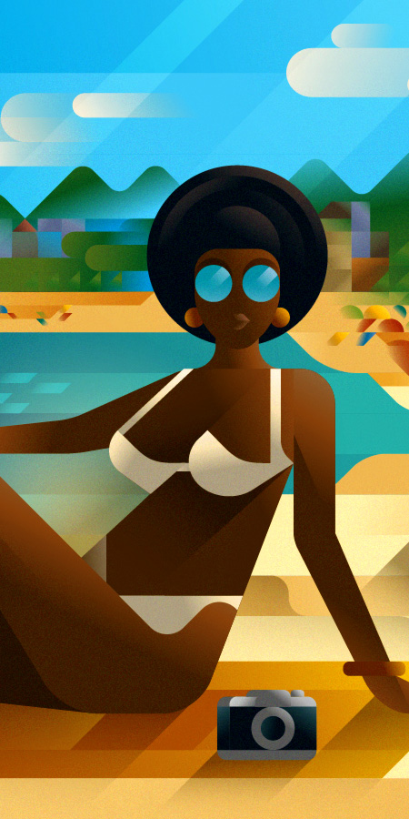 Beautiful young black woman in white bikini relaxing on the beach, editorial illustration by Francesco Faggiano illustrator