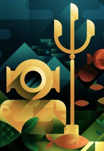 Atlantis guardian statue with a trident and a strange helmet, hidden in the sand at the bottom of the ocean, illustration by Francesco Faggiano illustrator