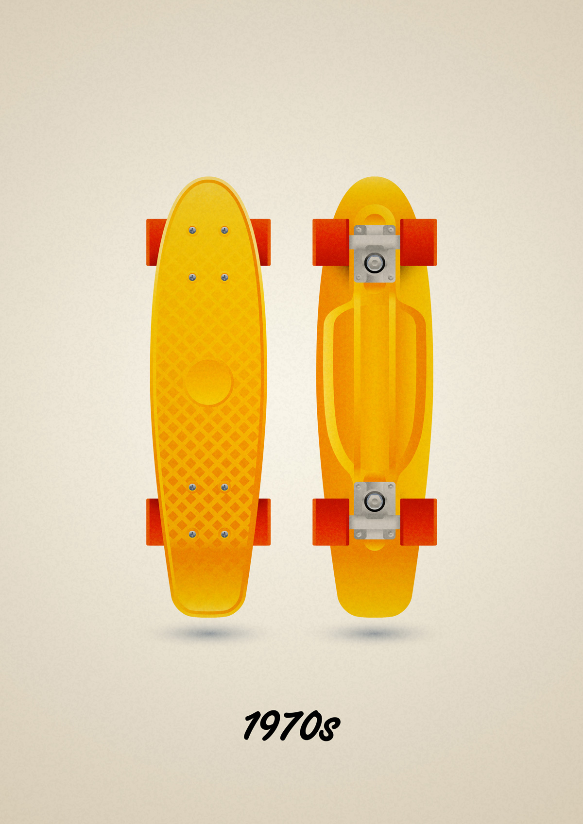 Vintage vinyl skateboard penny model of the 70s, art print illustration by Francesco Faggiano illustrator
