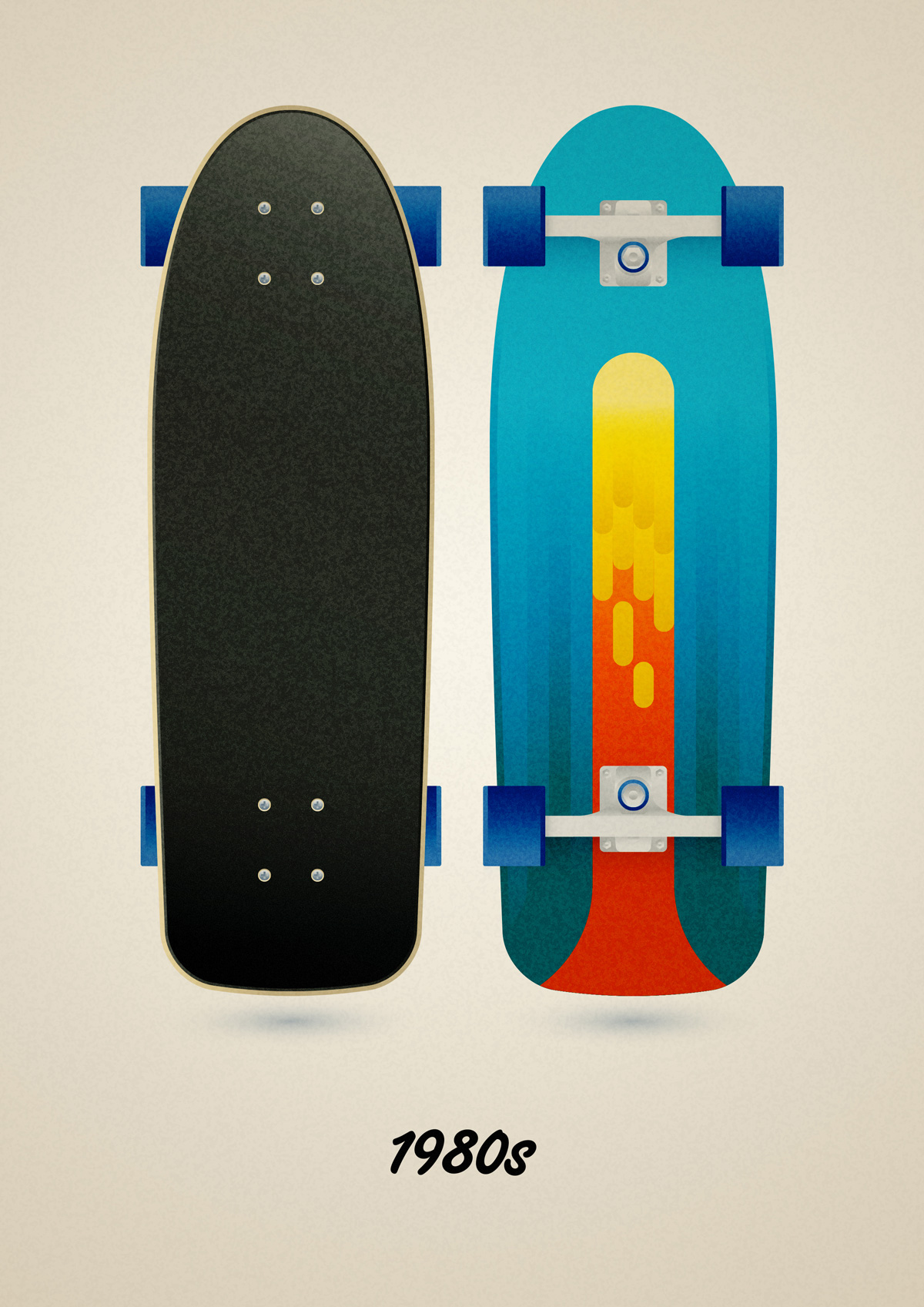 Classic street skateboard model of the 80s, art print illustration by Francesco Faggiano illustrator