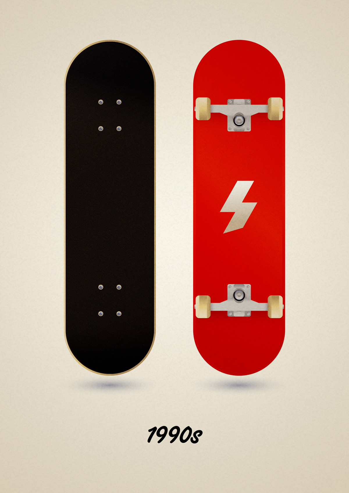 Modern street skateboard model of the 90s, art print illustration by Francesco Faggiano illustrator