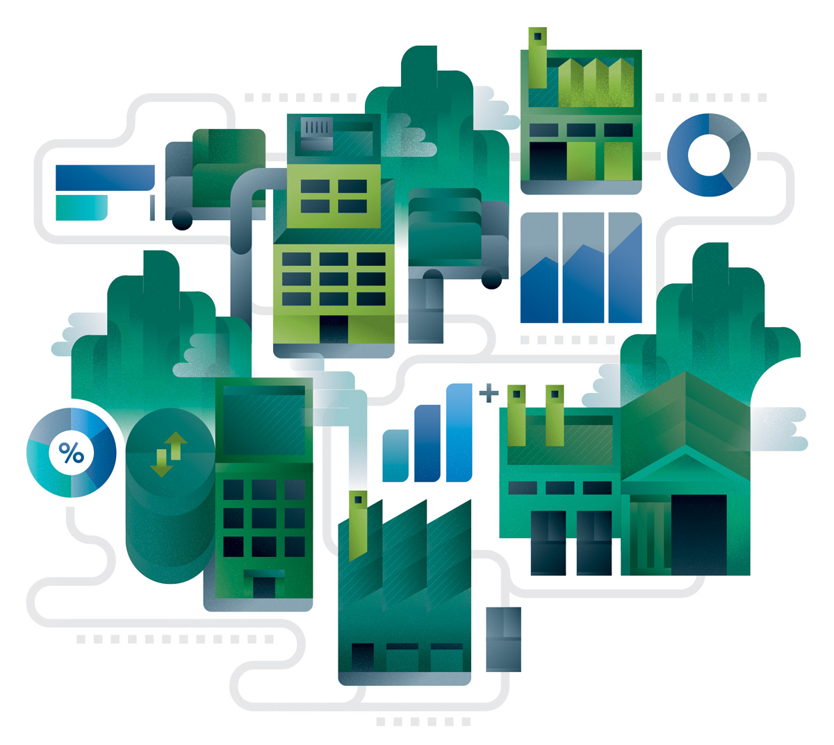 Iconic representation of Trentino region of Italy with factories and industries and startups, illustration by Francesco Faggiano illustrator