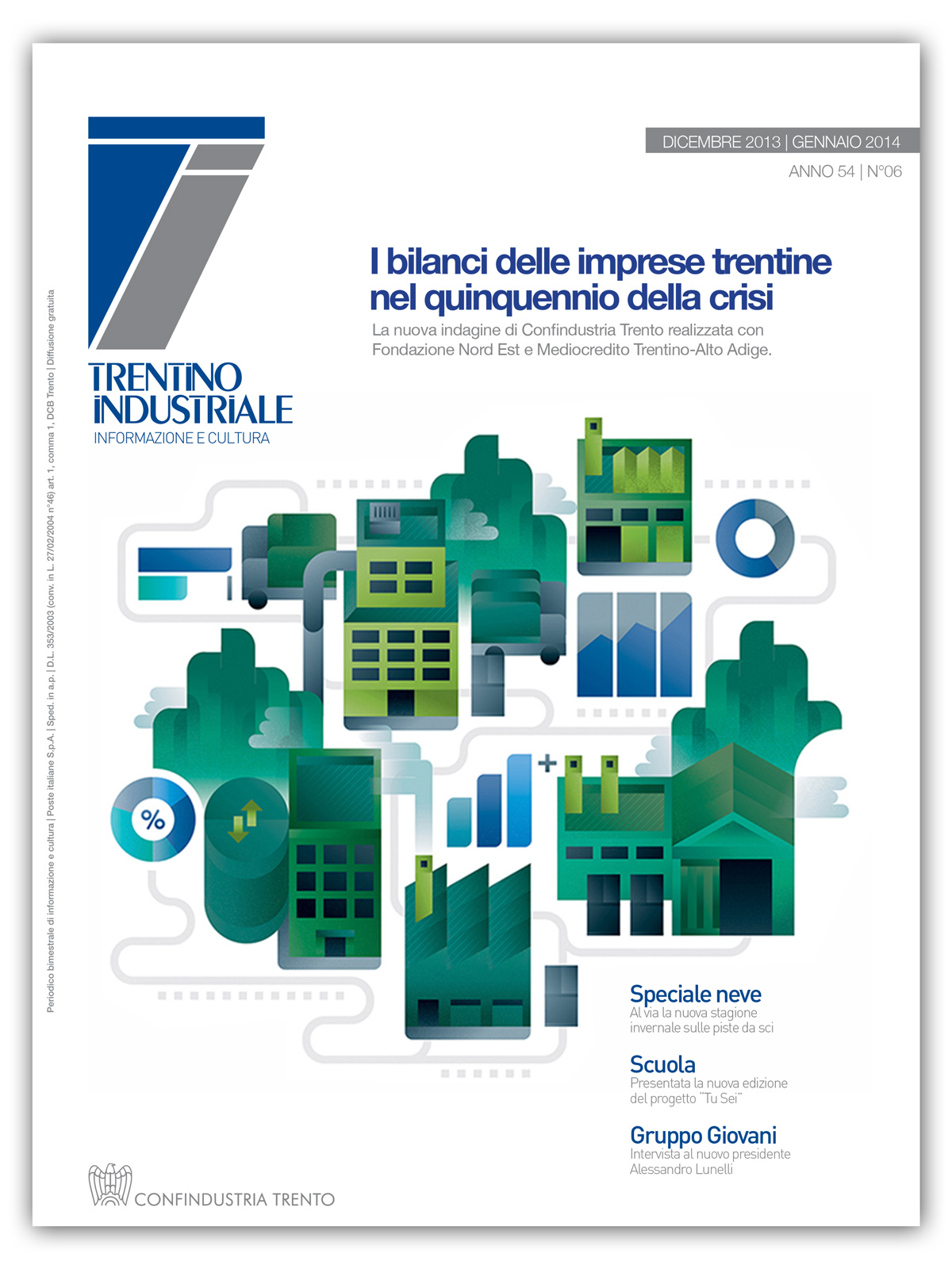 Cover image with an iconic representation of Trentino region of Italy with factories and industries and startups, illustration by Francesco Faggiano illustrator