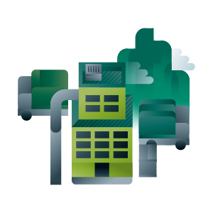 Green industry building and trucks icon, illustration by Francesco Faggiano illustrator