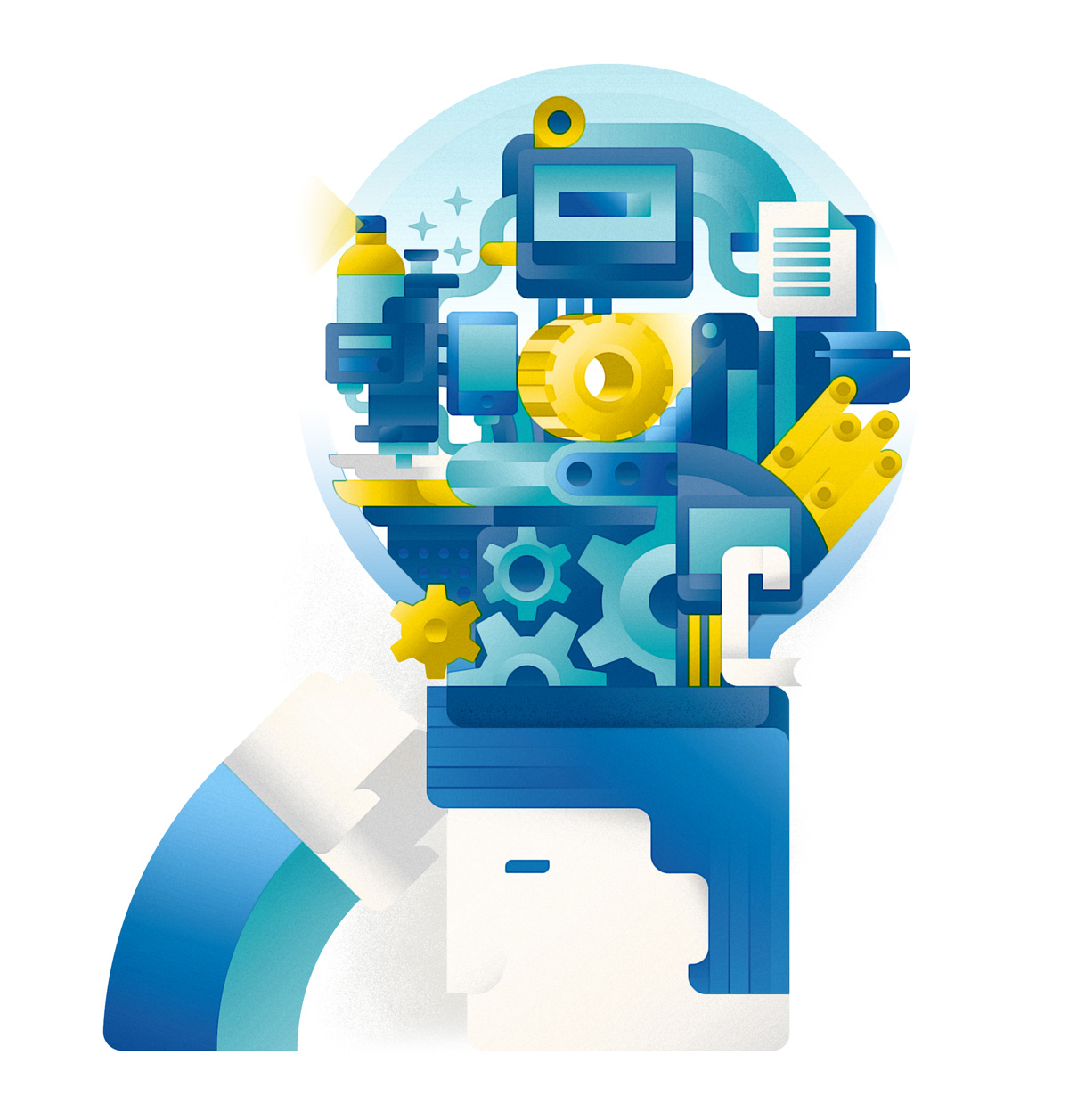 A man putting a giant light bulb idea on his head, full of cogs and instruments, illustration by Francesco Faggiano illustrator