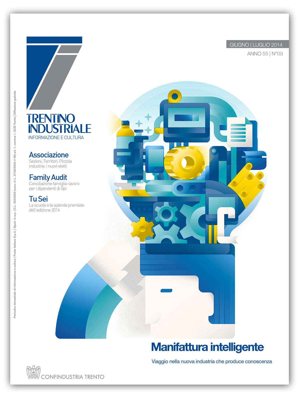 Cover magazine with a man putting a giant light bulb idea on his head, full of cogs and instruments, illustration by Francesco Faggiano illustrator