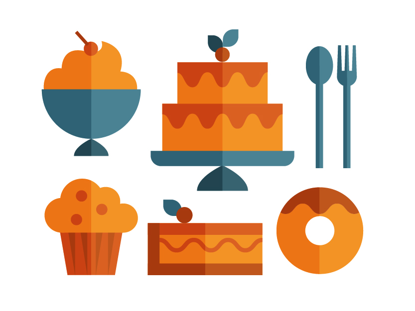 Cake icon set of ice cream, muffin, cake slice, donut and cutlery, illustration by Francesco Faggiano illustrator