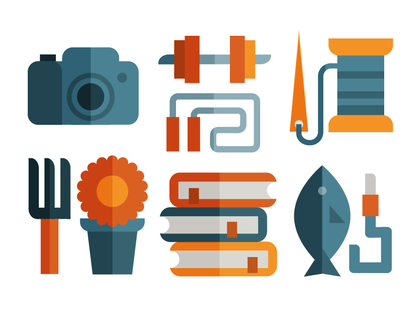 Hobby icon set of fishing, photography, fitness, gardening, needlework and reading, illustration by Francesco Faggiano illustrator