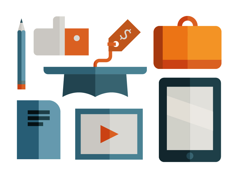 Univeristy icon set of bag, ipad, graduation cap, video and like hand, illustration by Francesco Faggiano illustrator