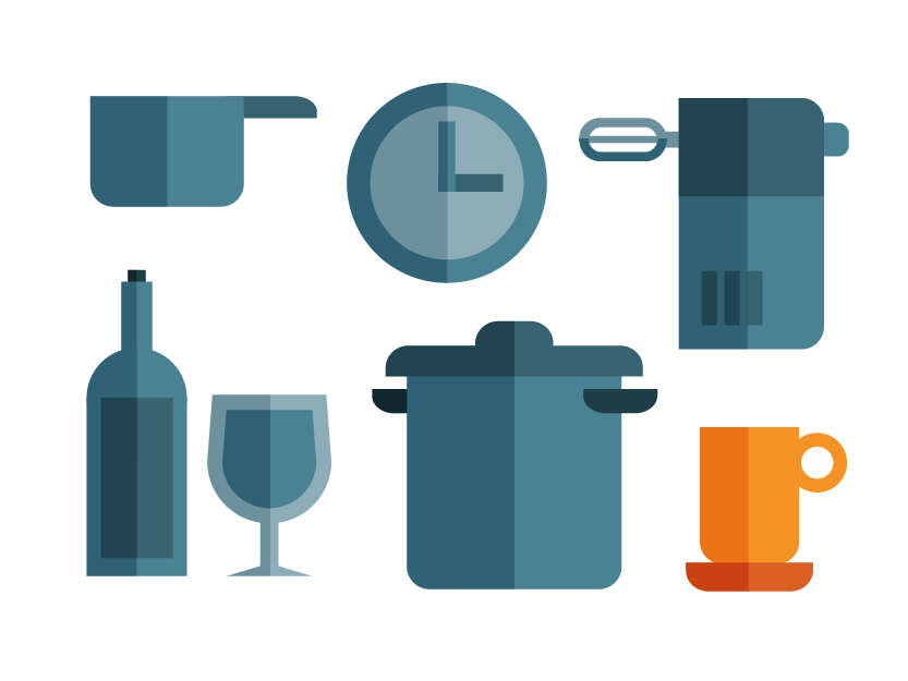 Kitchen icon set of cup, bottle, glass, timer, pots and whipper, illustration by Francesco Faggiano illustrator