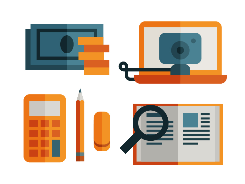Work icon set of money, calculator, webcam and magnifier book, illustration by Francesco Faggiano illustrator