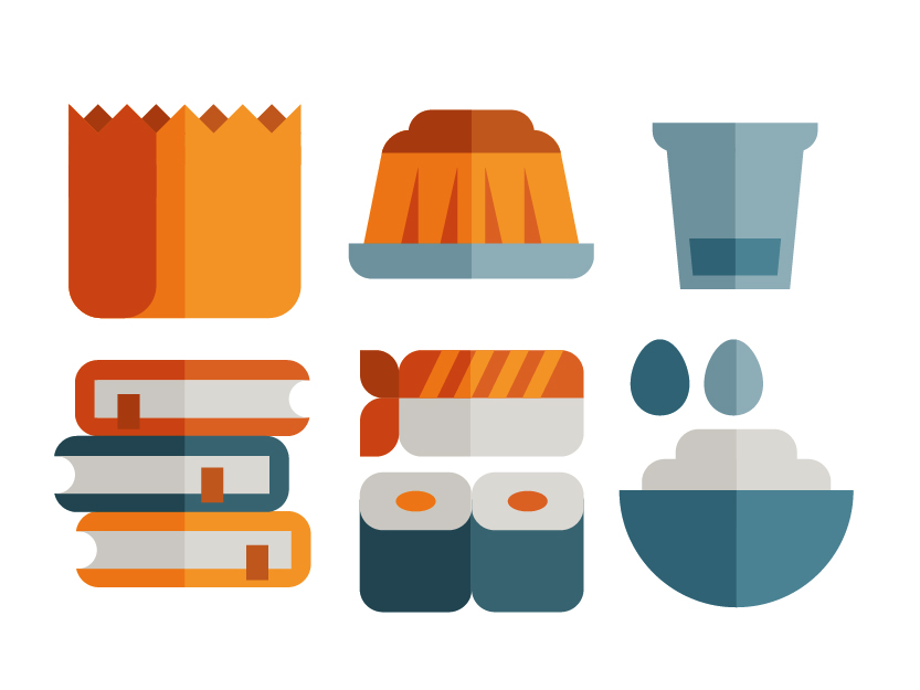Food icon set of pudding, sushi, eggs, books and bag, illustration by Francesco Faggiano illustrator