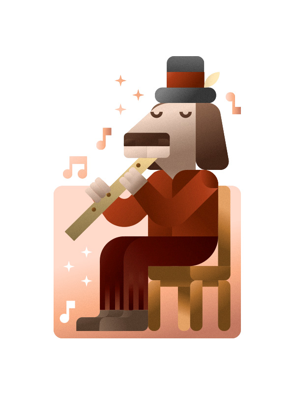 Hippy dog playing American flute, illustration by Francesco Faggiano illustrator