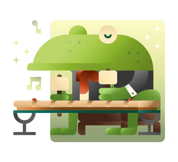 Elegant frog playing a wooden xylophone, illustration by Francesco Faggiano illustrator