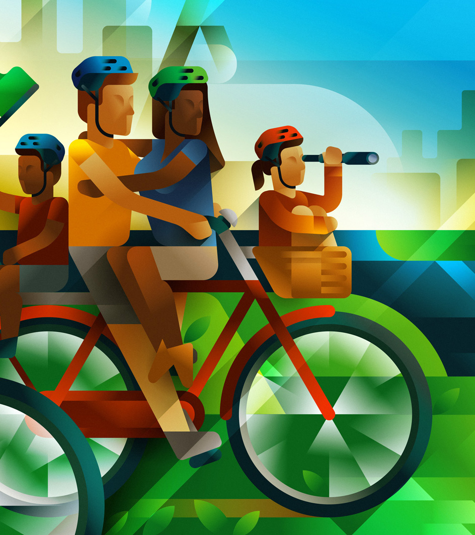 A couple and its kids on a single bike, enjoying the ride with hundreds of people in São Paulo, illustration by Francesco Faggiano illustrator