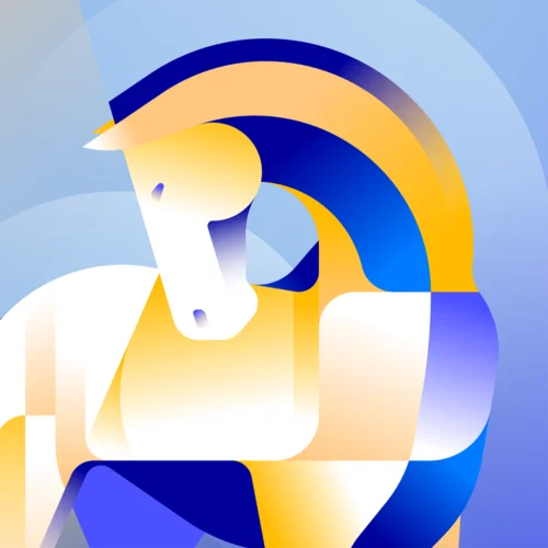 Close-up of a geometric horse's lowered head and arched mane, in blue, yellow and white gradients