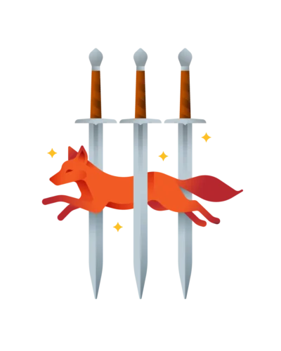 An orange fox leaping between three upright swords, surrounded by golden sparkles.