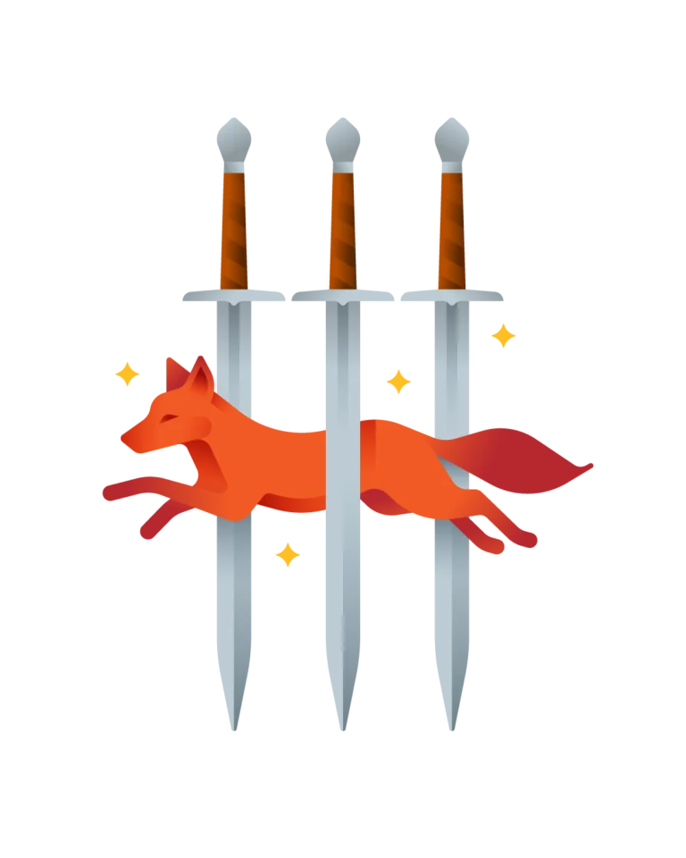 An orange fox leaping between three upright swords, surrounded by golden sparkles.